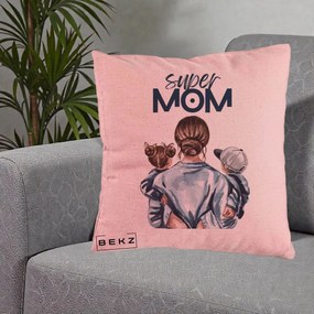 Cadou pentru Mama - Perna Personalizata Super Mom, 40x40 cm, Roz, Husa Detasabila, Perna Inclusa, BEKZ®