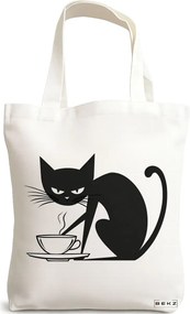 Sacosa de Panza pentru Cumparaturi, Geanta Tote, model Caffeine Cat 28 38 x 34.5 cm, Alba, BEKZ®