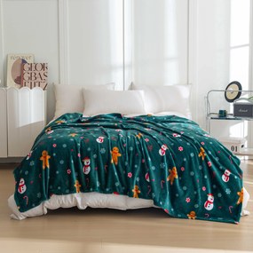 Patura microplus de Craciun SNOWMAN AND GINGERBREAD verde Dimensiuni: 150 x 200 cm