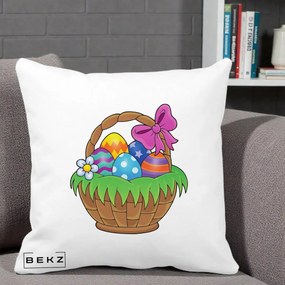 Perna Decorativa Cos cu Oua de Pasti Colorat, 40x40 cm, Alba Mata, Husa Detasabila, Perna Inclusa, BEKZ®