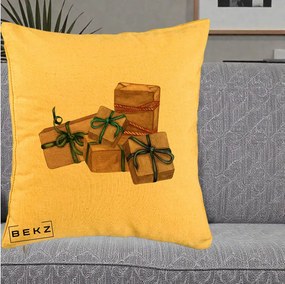 Perna Decorativa Cadouri de Craciun Kraft, 40x40 cm, Galben, Husa Detasabila, Perna Inclusa, BEKZ®