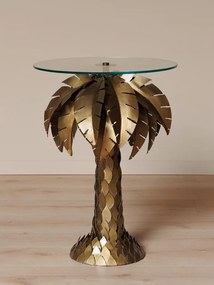 Măsuță laterală înaltă din metal, auriu, cu blat rotund din sticlă și bază în formă de palmier, finisaj antichizat, 73 x 53 cm, „Palm”