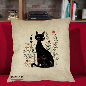 Perna Decorativa Pisica Neagra Botanica Rosu-Gri, 40x40 cm, Crem, Husa Detasabila, Perna Inclusa, BEKZ®