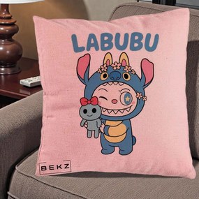 Perna Personalizata Labubu x Stitch cu Flori, 40x40 cm, Roz, Husa Detasabila, Perna Inclusa, BEKZ®
