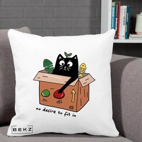 Perna Decorativa Pisica in Cutie No Desire to Fit In, 40x40 cm, Alba Mata, Husa Detasabila, Perna Inclusa, BEKZ®