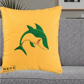 Perna Decorativa Rechin Albastru Cartoon, 40x40 cm, Galben, Husa Detasabila, Perna Inclusa, BEKZ®