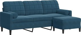 vidaXL Canapea cu 3 locuri și taburet, albastru, 180 cm, catifea