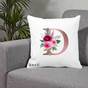 Cadou Personalizat - Perna Personalizata Monograma Rose Gold Litera D, 40x40 cm, Alba Mata, Husa Detasabila, Perna Inclusa, BEKZ®