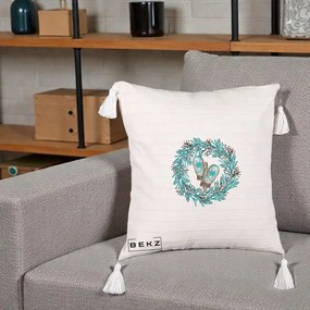 Perna Decorativa Coroana Turcoaz cu Manusi, 40x40 cm, Bej cu Franjuri, Husa Detasabila, Perna Inclusa, BEKZ®