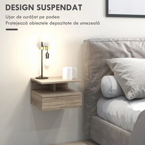 HOMCOM Set de 2 Noptiere Moderne Suspendate pentru Dormitor cu Sertar si Blat  din Lemn 35x32x22.5cm, Stejar | Aosom Romania