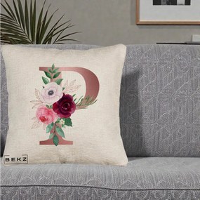 Cadou Personalizat - Perna Personalizata Monograma Rose Gold Litera P, 40x40 cm, Bej Canapea, Husa Detasabila, Perna Inclusa, BEKZ®