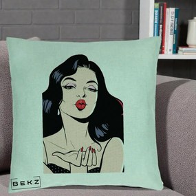 Perna Decorativa Femeie Pop-Art Kiss, 40x40 cm, Verde Menta, Husa Detasabila, Perna Inclusa, BEKZ®