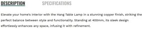 Veioza/Lampa de masa stil minimalist Hang cupru