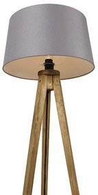 Lampă de podea rustică cu trepied din lemn vintage cu abajur din in gri închis 45 cm - Tripod Classic