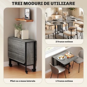 HOMCOM Masă Pliabilă, Rabatabilă pentru 4-6 Persoane cu Raft și 6 Roți, din Lemn și Metal, 130x80x74 cm, Gri | Aosom Romania