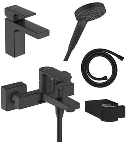 Set baterie lavoar, baterie cada si set de dus, negru mat, Hansgrohe Vernis Shape