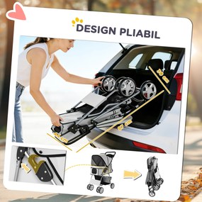 PawHut Cărucior pentru Câini de Talie Mică Pliabil, cu Roți Pivotante 360°, Coș de Depozitare, Pernă Lavabilă, Gri | Aosom Romania