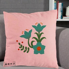 Perna Decorativa Flori Stilizate Folk Turcoaz, 40x40 cm, Roz, Husa Detasabila, Perna Inclusa, BEKZ®