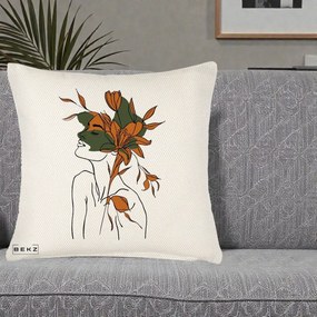 Perna Decorativa Portret Feminin Crin Auriu, 40x40 cm, Crem Reliefat, Husa Detasabila, Perna Inclusa, BEKZ®