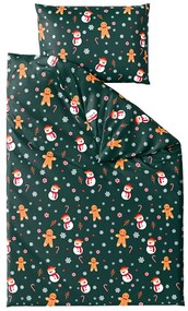 Set Lenjerie cocolino SNOWMAN AND GINGERBREAD verde + Cearsaf Cocolino microplus cu elastic SOFT 90x200 cm alb, pat single