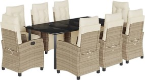 vidaXL Set de masă pentru grădină, 9 piese, cu perne, bej, poliratan