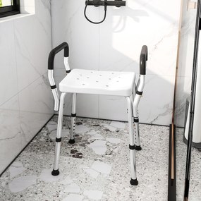 HOMCOM Scaun de Duș din Aluminiu, Reglabil pe Înălțime, cu Cotiere și Picioare Antiderapante, Alb | Aosom Romania