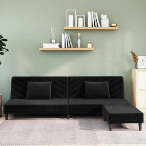 3081838 vidaXL Canapea pat cu 2 locuri, 2 perne&taburet, negru, catifea