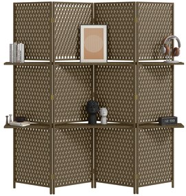 HOMCOM Paravan interior separator de încăpere 4 panouri 2 rafturi lemn de pin țesut cu fibre de hârtie 181 x 180 cm maro | Aosom Romania
