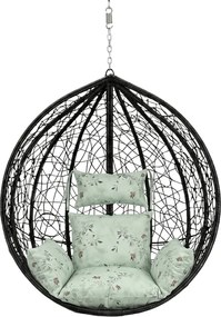 Scaun suspendat negru KOKON fara suport, perna verde deschis cu model