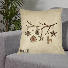 Perna Decorativa Ornamente de Lemn pe Ramura, 40x40 cm, Crem, Husa Detasabila, Perna Inclusa, BEKZ®