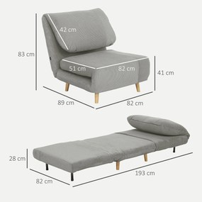 HOMCOM 2 în 1 Fotoliu extensibil Pat pentru oaspeți, cu suport reglabil Cord-Optik 82 cm x 89 cm x 83 cm Gri | Aosom Romania