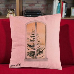 Perna Decorativa Fereastra cu Brad de Iarna, 40x40 cm, Roz, Husa Detasabila, Perna Inclusa, BEKZ®