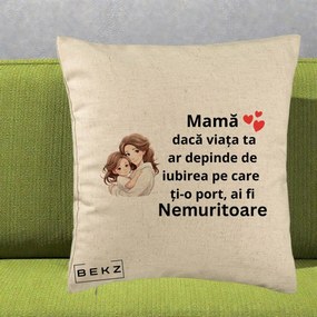 Cadou pentru Mama - Perna Personalizata Mama Nemuritoare cu Balon Inima, 40x40 cm, Bej, Husa Detasabila, Perna Inclusa, BEKZ®