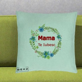 Cadou pentru Mama - Perna Personalizata Mama Te Iubesc Flori Albastre, 40x40 cm, Verde Menta, Husa Detasabila, Perna Inclusa, BEKZ®