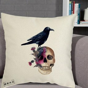 Perna Decorativa Craniu cu Corb si Flori Gothic, 40x40 cm, Ecru, Husa Detasabila, Perna Inclusa, BEKZ®