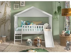 Pat Căsuță Housebed 90x200 cm cu Tobogan, pentru Copii, Alb – Vipack