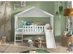 Pat Căsuță Housebed 90x200 cm cu Tobogan, pentru Copii, Alb – Vipack