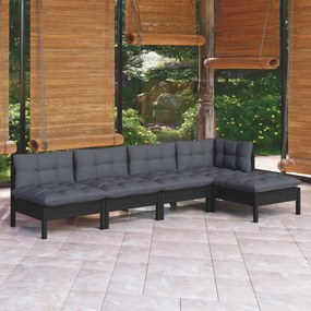 3096338 vidaXL Set mobilier grădină cu perne, 5 piese, negru, lemn de pin