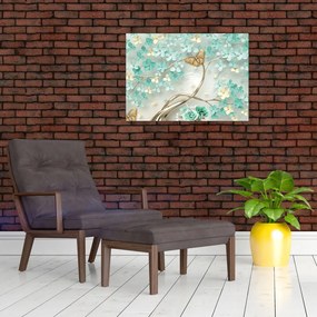 Tablou pe sticlă cu flori și fluturi (70x50 cm)