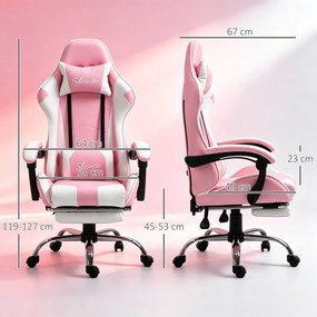Vinsetto Scaun Gaming Ergonomic Reclinabil cu Tetieră, Pernă Lombară, Înălțime Reglabilă, Roz și Alb | Aosom Romania