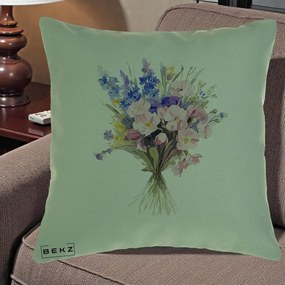 Perna Decorativa Buchet Floral Acuarela Primavara, 40x40 cm, Verde, Husa Detasabila, Perna Inclusa, BEKZ®