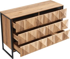 Bufet cu 6 sertare, cadru metalic negru și fronturi de sertare geometrice, 120x40x80 cm, Culoare naturală