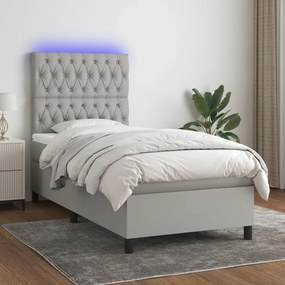 vidaXL Pat cu arcuri, saltea și LED, gri deschis, 80x200 cm, textil