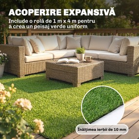 Outsunny Gazon Artificial pentru Exterior 1m x 4m, Covor Verde Sintetic cu Înălțime de 10mm, Drenant, Ideal pentru Grădini, Terase, Familii, Animale de Companie, Interior și Exterior | Aosom Romania