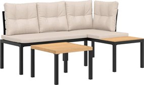 vidaXL Bănci grădină cu perne, 3 buc., negru oțel vopsit electrostatic