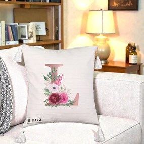 Cadou Personalizat - Perna Personalizata Monograma Rose Gold Litera L, 40x40 cm, Bej cu Franjuri, Husa Detasabila, Perna Inclusa, BEKZ®