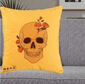 Perna Decorativa Craniu Floral Gothic, 40x40 cm, Galben, Husa Detasabila, Perna Inclusa, BEKZ®