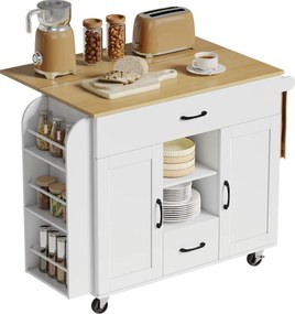 HOMCOM Insulă de bucătărie pe roți, blat extensibil, uși de dulap Soft-Close, sertare, suport pentru prosoape, MDF, Alb | Aosom Romania