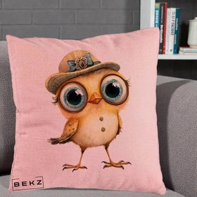 Perna Decorativa Pui Elegant cu Palarie Teal, 40x40 cm, Roz, Husa Detasabila, Perna Inclusa, BEKZ®