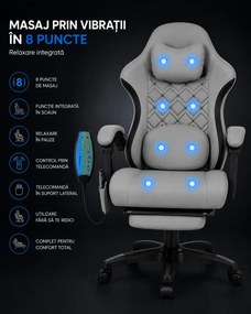 VELTOR – Scaun Gaming cu Masaj în 8 Puncte, Tapițerie Premium Dublu Strat Anti-Zgâriere, Mecanism Multifuncțional, Suport Picioare, Gri